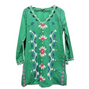 Frances Valentine Green Embroidered Cotton Tunic Dress Floral Boho India M